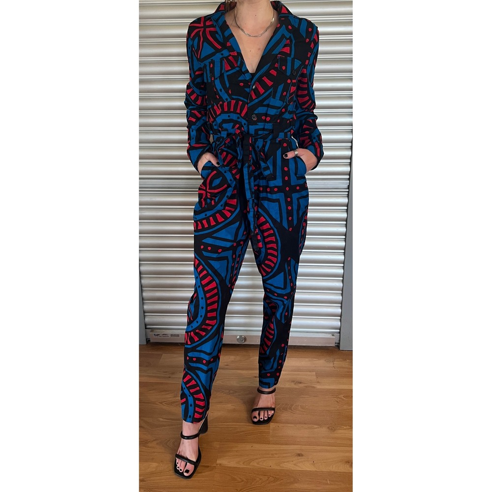 D'IYANU African Women Blue Red Geometric Print Long Sleeve Jumpsuit Small
